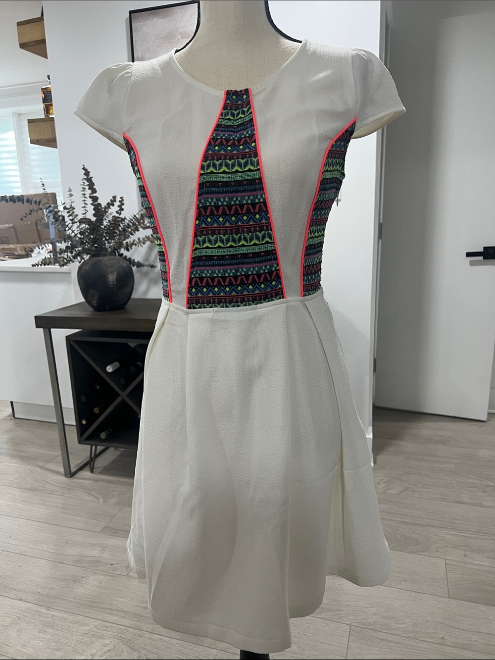 Sugarlips White Mini Dress with Neon Pink Trim and Multicolor Pattern
